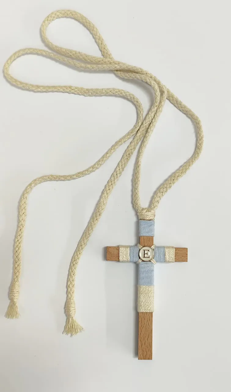 cruz comunión niño celeste beige dorado anclas