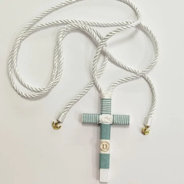 cruz de comunión niño en verde menta blanco con anclas doradas