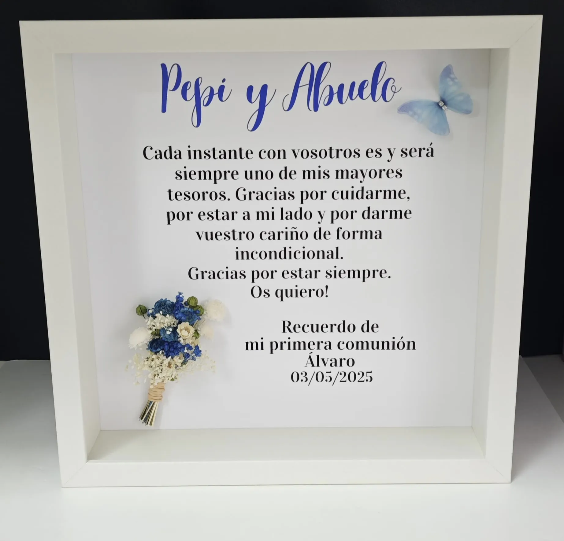 cuadro personalizado abuelos primera comunión azul mariposa flores