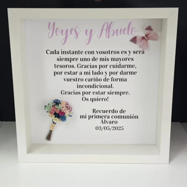 cuadro abuelos primera comunión personalizado rosa flores preservadas