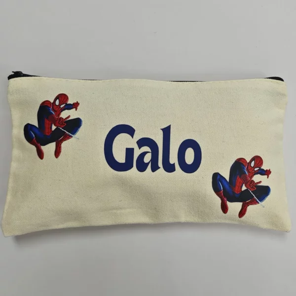 neceser personalizado beige algodón superhéroe nombre azul