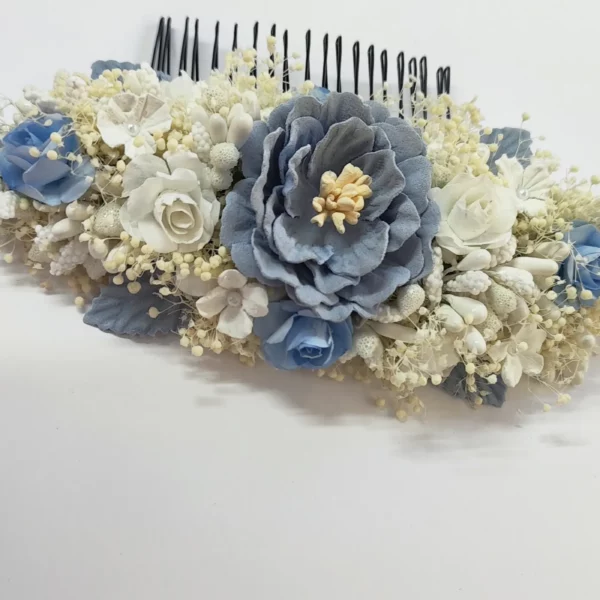 peineta floral primera comunión azul empolvado azul celeste blanco flores