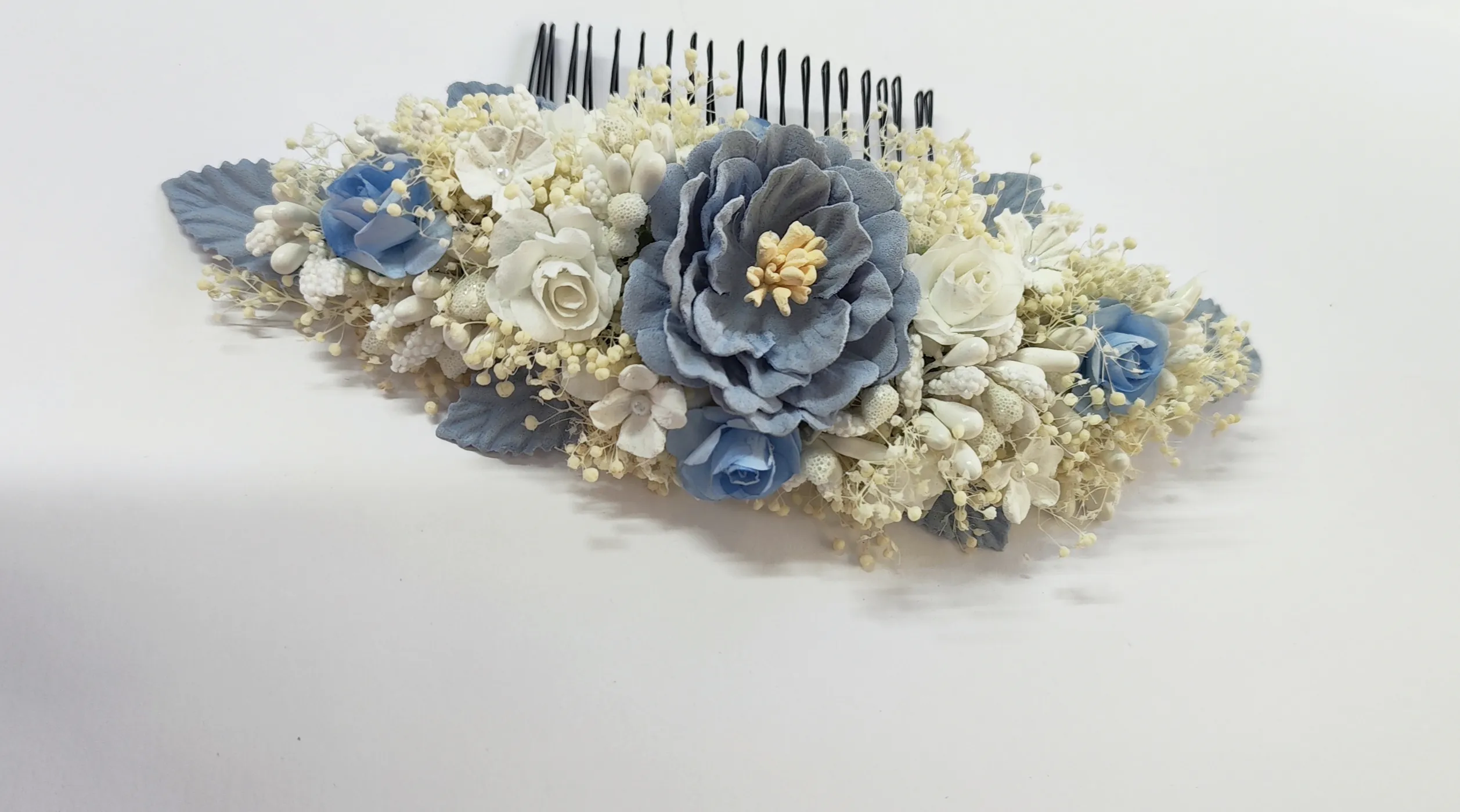 peineta floral primera comunión azul empolvado azul celeste blanco flores