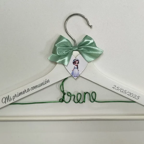 percha comunión blanca lazo verde niña comunión impresa nombre alambre verde