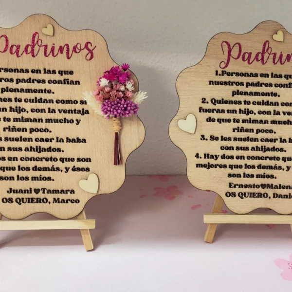 placa madera padrinos grabado láser personalizada