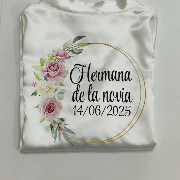 Bata personalizada DTF aro flores rosa para equipo de novia