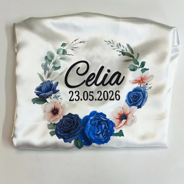 Bata personalizada DTF corona flores azul y rosa