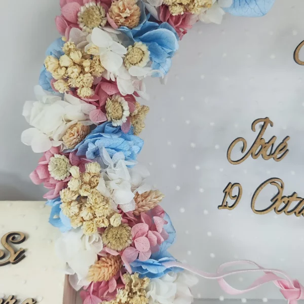 Detalle bastidor porta alianzas con flores preservadas azul y rosa