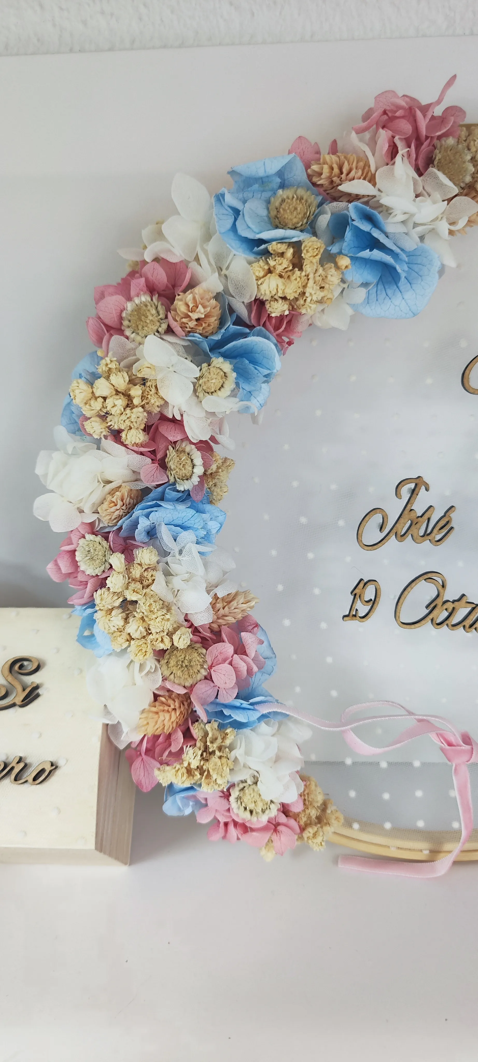 Detalle bastidor porta alianzas con flores preservadas azul y rosa