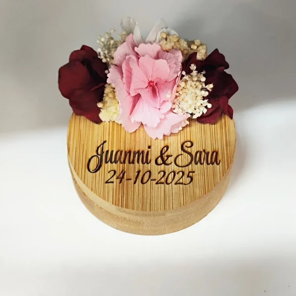 Caja de joyas madera con flores preservadas y espejo