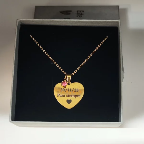 collar aniversario corazon dorado grabado laser personalizado piedra rosa