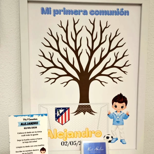 Árbol de huellas para primera comunión niño temática fútbol con lámina tinta y tarjeta