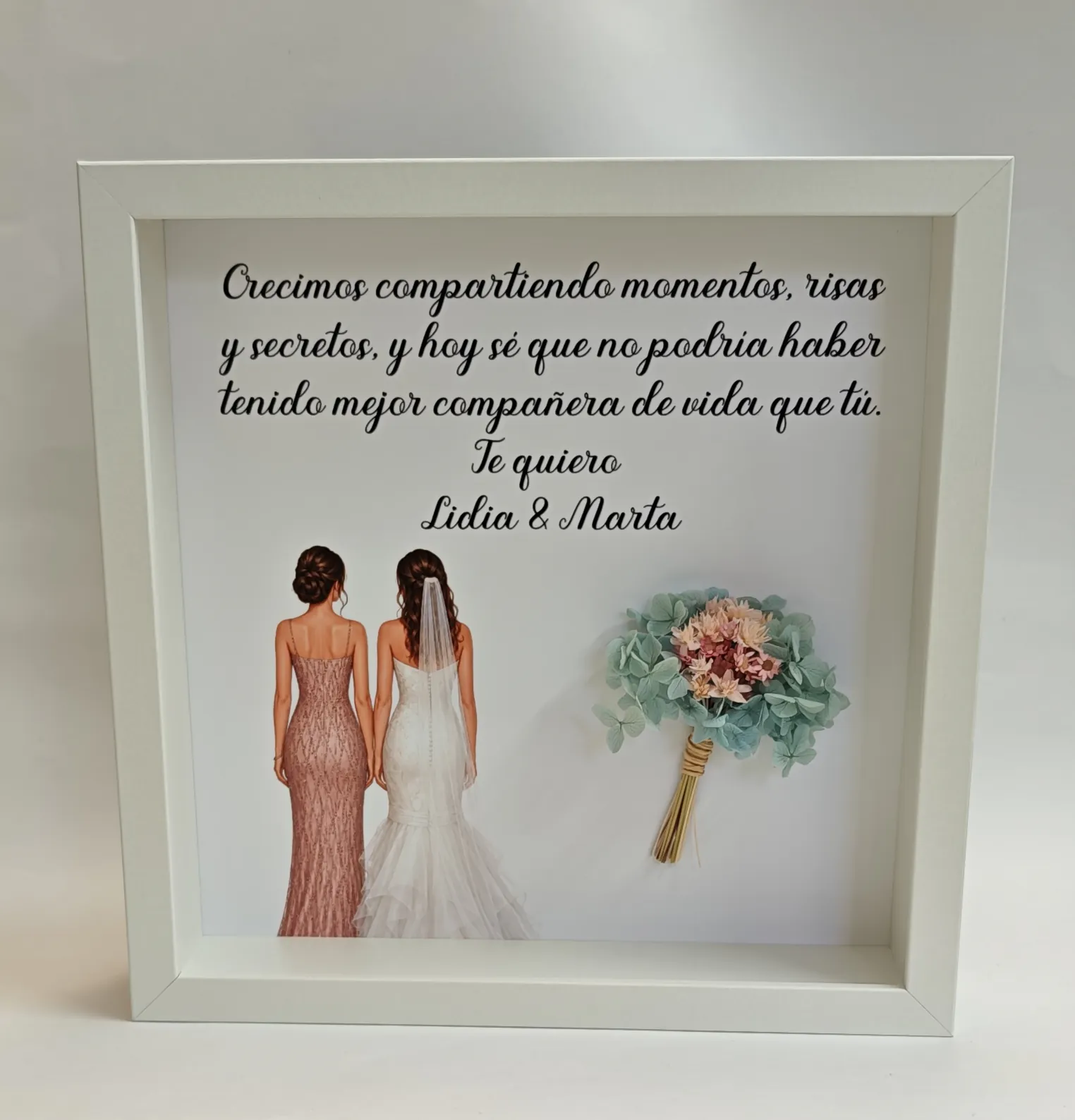 cuadro amiga boda con ilustración y flores preservadas