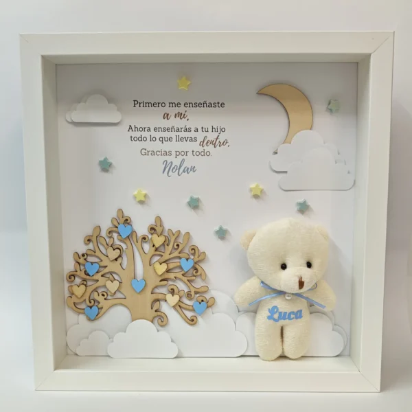 cuadro de nacimiento con osito de peluche con nombre luca arbol de la vida con corazones luna de madera nubes y mensaje personalizado