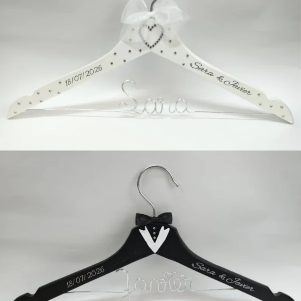 Perchas novios brillantes con strass y corazón de brillantes, con nombres en alambre