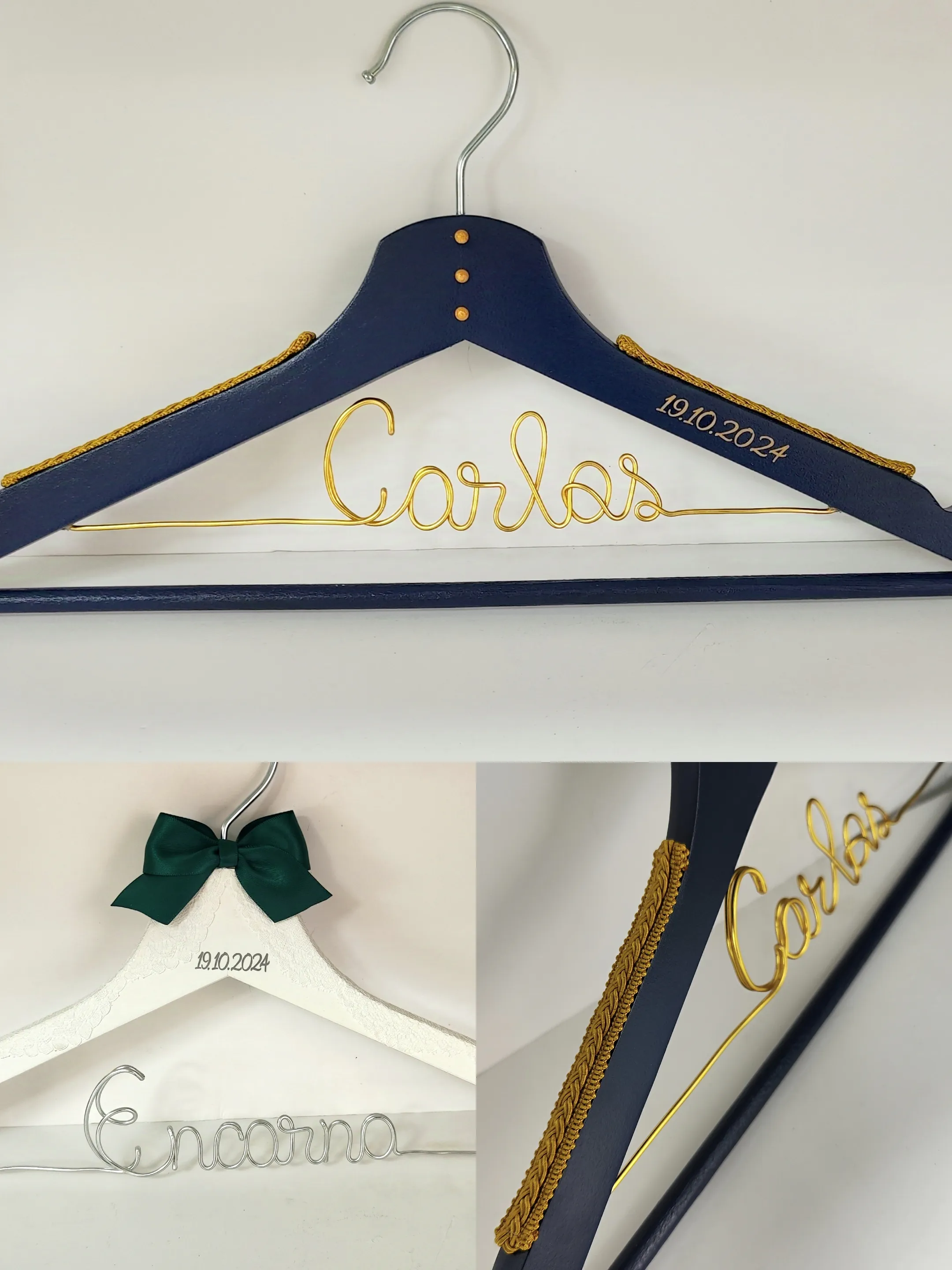 Perchas novios detalles dorados en azul marino y blanca con lazo verde