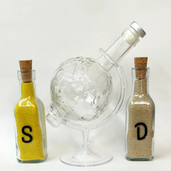 bola del mundo de cristal con soporte para ceremonia de la arena, con dos botellas pequeñas de arena e iniciales