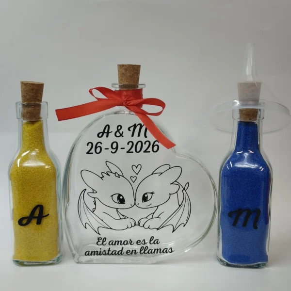 botella de cristal con forma de corazón con dos dragones y lazo rojo para ceremonia de la arena, con dos botellas pequeñas de arena