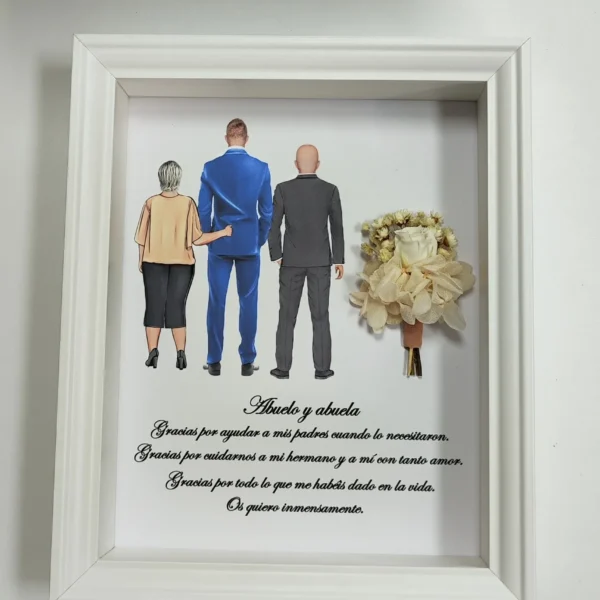 cuadro abuelo y abuela con tres figuras de espaldas y ramo de flores preservadas crema