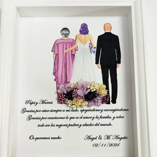 cuadro de agradecimiento para padres con la novia y flores preservadas en tonos lila