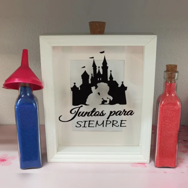 cuadro para ceremonia de la arena con castillo y pareja en silueta, frase juntos para siempre y dos botellas con arena