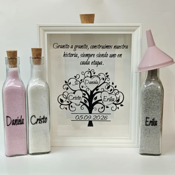 cuadro para ceremonia de la arena con árbol de tres corazones, frase granito a granito y tres botellas con arena