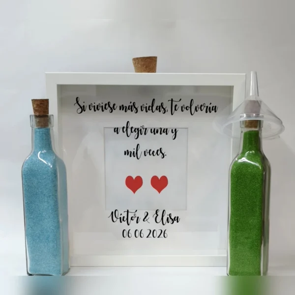 cuadro para ceremonia de la arena con la frase si viviese más vidas te volvería a elegir, dos corazones rojos y dos botellas con arena