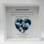 Cuadro «Gracias, mamá» con corazón de flores preservadas azules