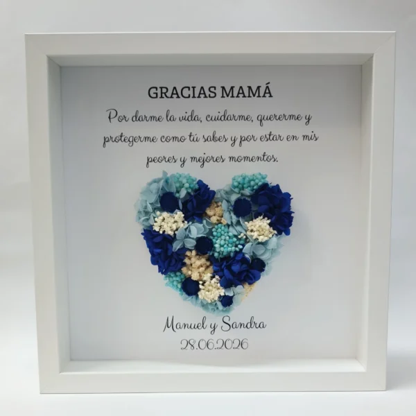 cuadro gracias mamá con corazón de flores preservadas azules