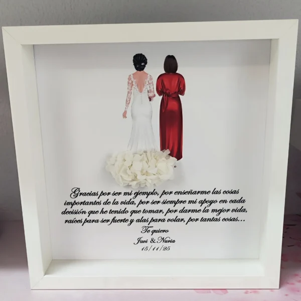 cuadro gracias por ser mi ejemplo con novia, mujer de vestido rojo y flores preservadas blancas