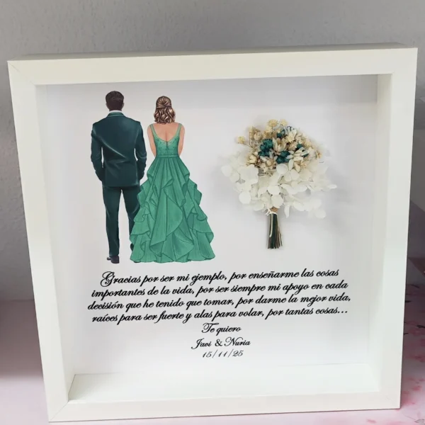 cuadro gracias por ser mi ejemplo con dos figuras de espaldas y ramo de flores preservadas blanco