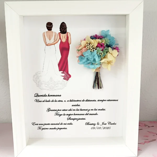 cuadro para hermana con novia y ramo de flores preservadas multicolor