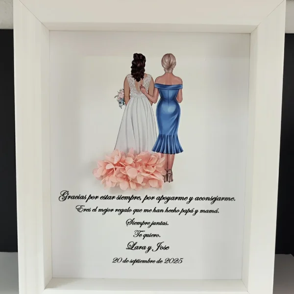 cuadro para hermana con novia, vestido azul y flores preservadas salmón