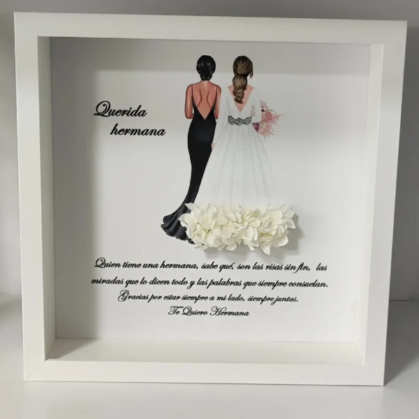 cuadro para hermana con vestido negro, novia y flores preservadas blancas
