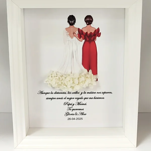 cuadro para hermana con novia, vestido rojo y flores preservadas blancas