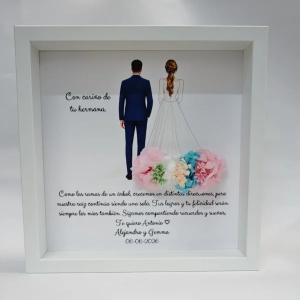 cuadro para hermano de la novia con los dos de espaldas y flores preservadas rosas y turquesa