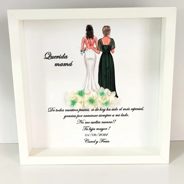 cuadro para la madre de la novia con flores preservadas en blanco y verde agua