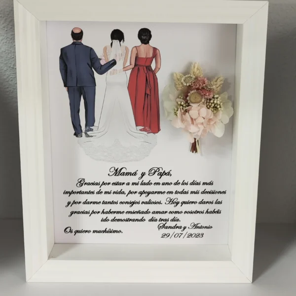 cuadro mamá y papá con la novia entre sus padres y ramo de flores preservadas