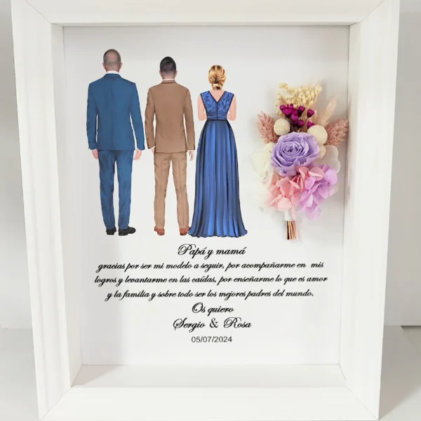 cuadro para padres con su hijo, tres figuras de espaldas y ramo de flores preservadas lila y rosa