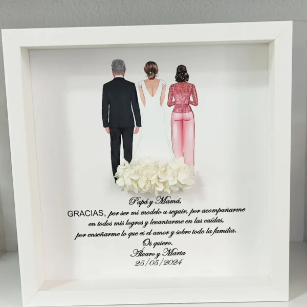 cuadro para padres con la novia y flores preservadas blancas