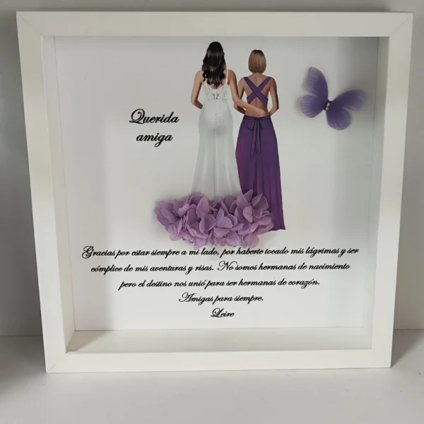 cuadro personalizado querida amiga con novia, amiga de vestido morado y falda de flores lila
