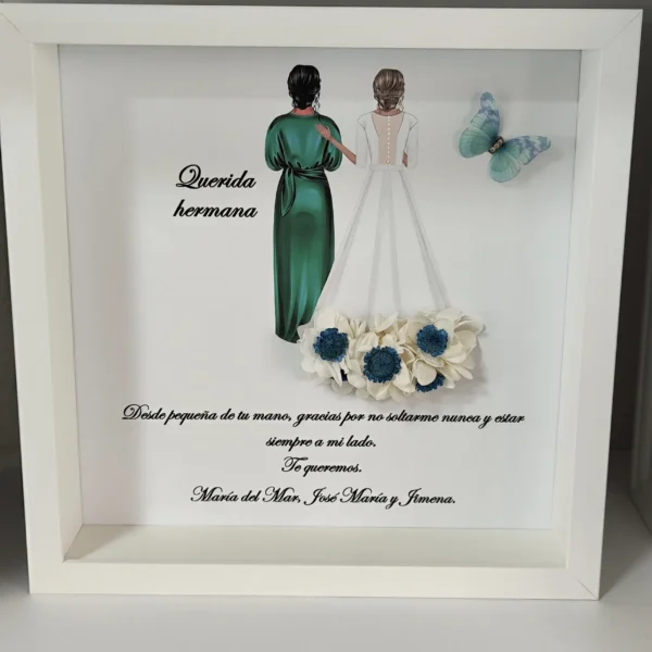 cuadro personalizado querida hermana con novia, mariposa azul turquesa y flores blancas y azules