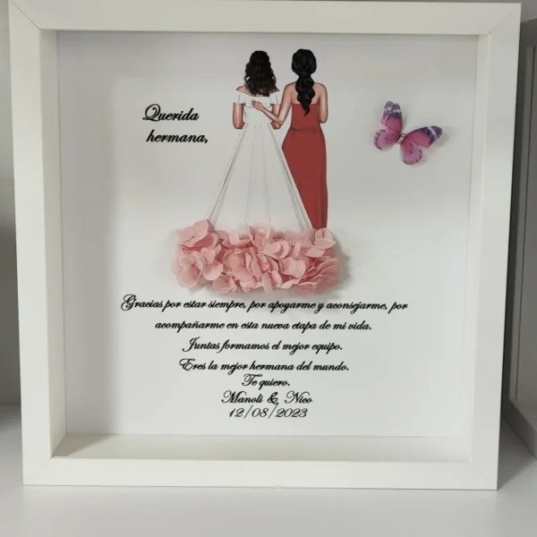 cuadro personalizado querida hermana con novia, vestido rojo y flores preservadas rosas
