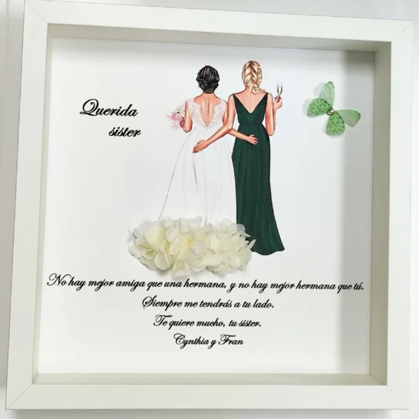 cuadro querida sister con novia, hermana de vestido verde y mariposa verde