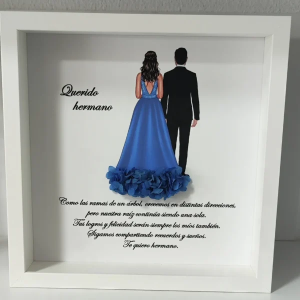 cuadro querido hermano con dos figuras de espaldas y flores preservadas azules